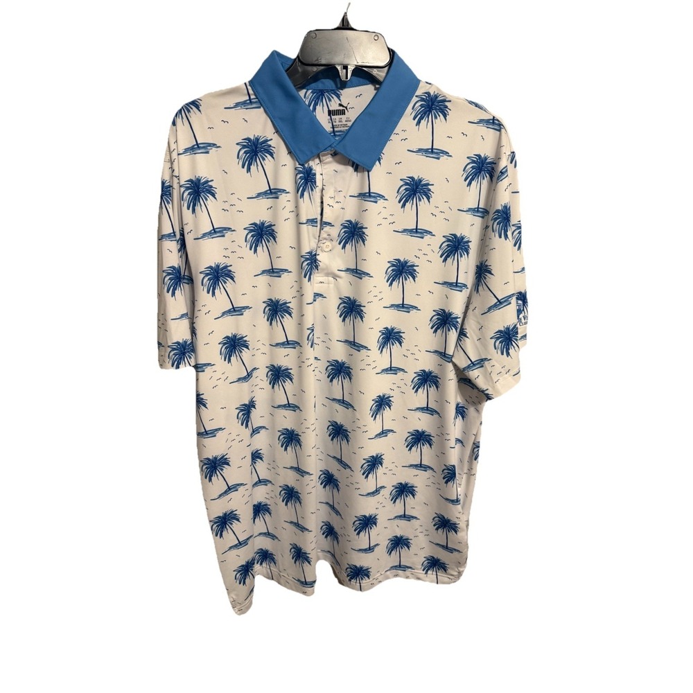 Puma MATTR Polo Golf Shirt Mens XL Pre Owned White Blue Mirage Pattern